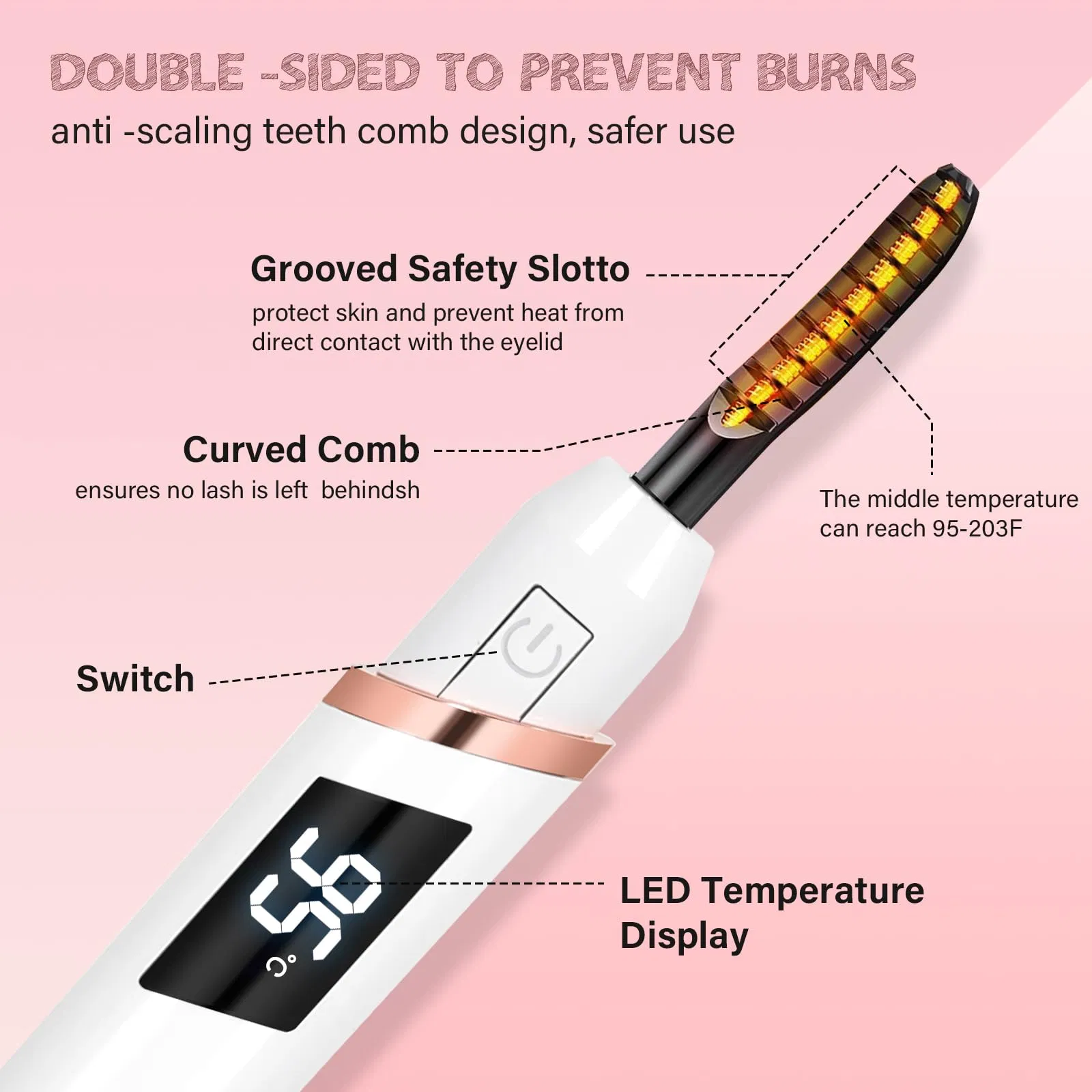 Curlador de Cílios Elétrico Aquecido Recarregável por USB-C com Aquecimento Rápido e Temperatura Ajustável