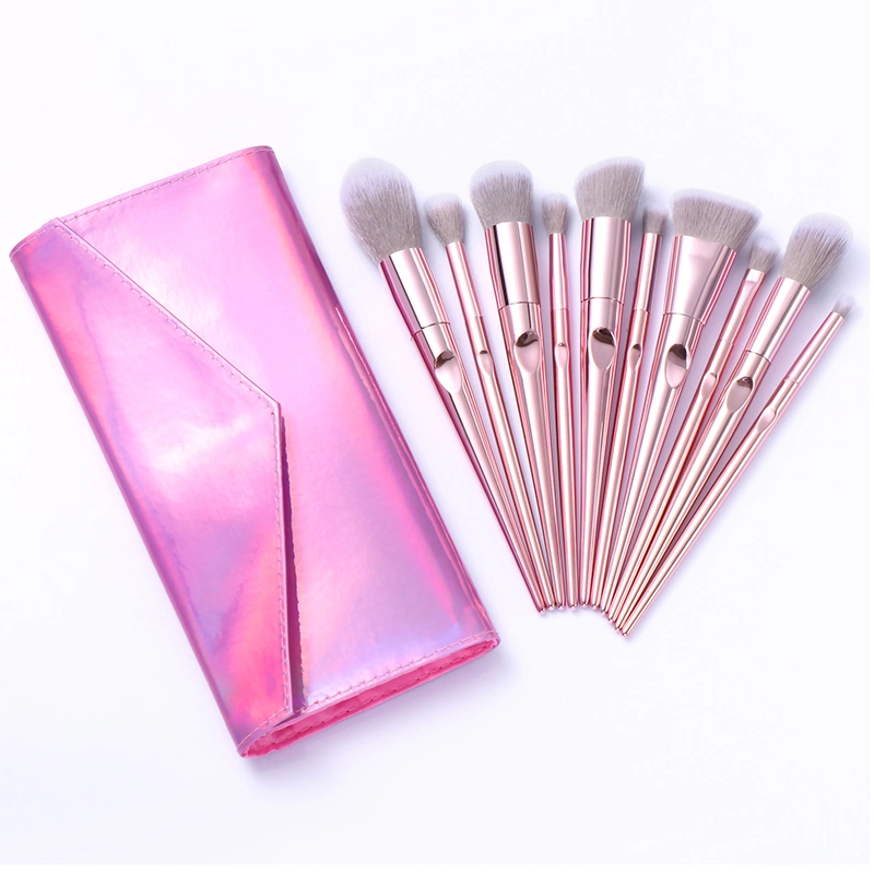 10PCS Conjunto de Pincéis de Maquiagem para Olhos, Base, Mistura, Pó Facial, Contorno, Blush e Lábios em Cabelo Sintético Rosa