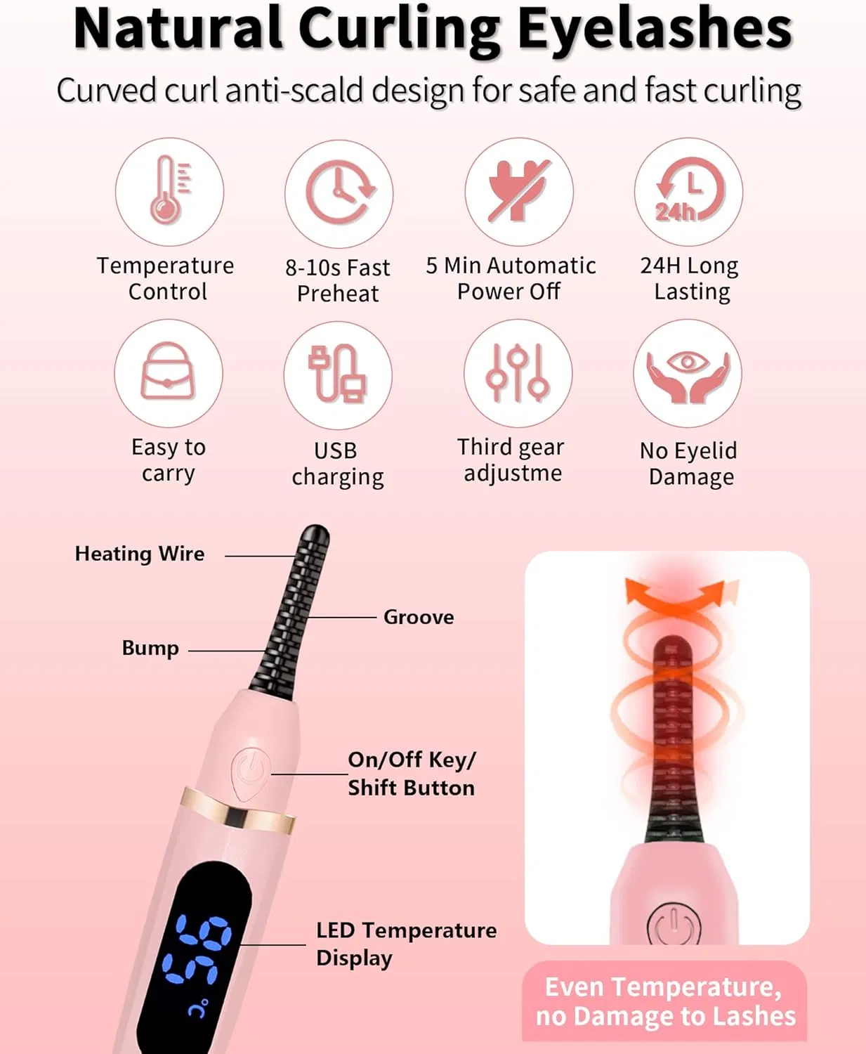 Curlers de Cílios Aquecidos - Curvador de Cílios Térmico - Mini Curvador Elétrico de Cílios com Display LED