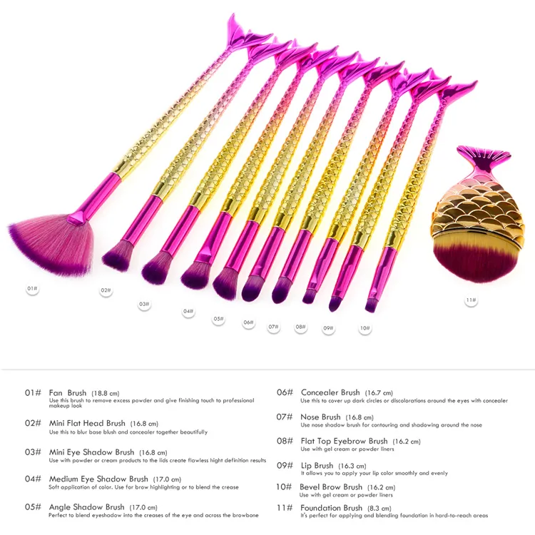 Conjunto de Pincéis de Maquiagem Coloridos de Sereia, 11PCS Pincéis de Base, Sobrancelha, Delineador, Blush, Cosmético, Corretivo