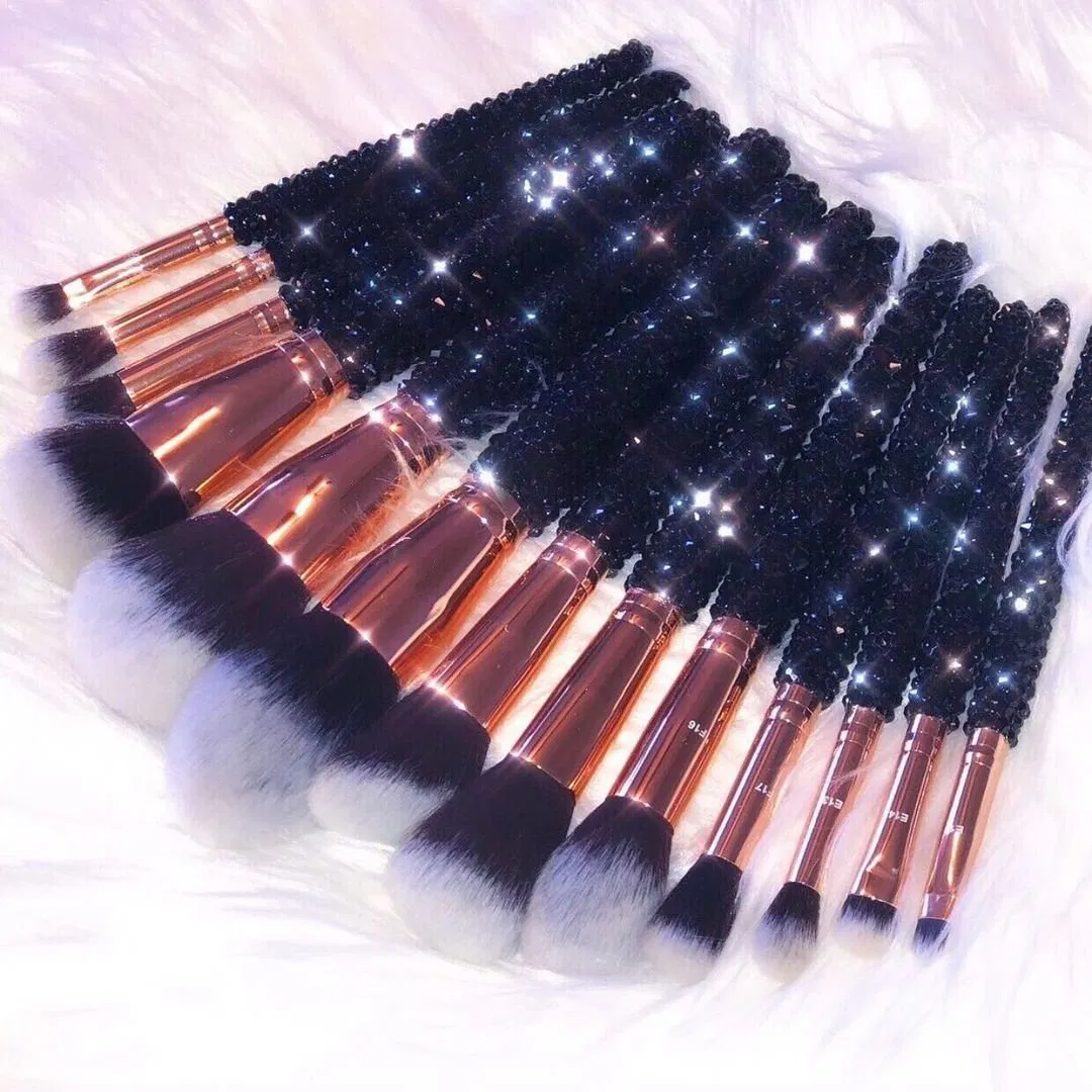 Pincéis de Maquiagem para Fundação com Cristal Diamante e Cabo de Glitter Dourado Rosa 12PCS