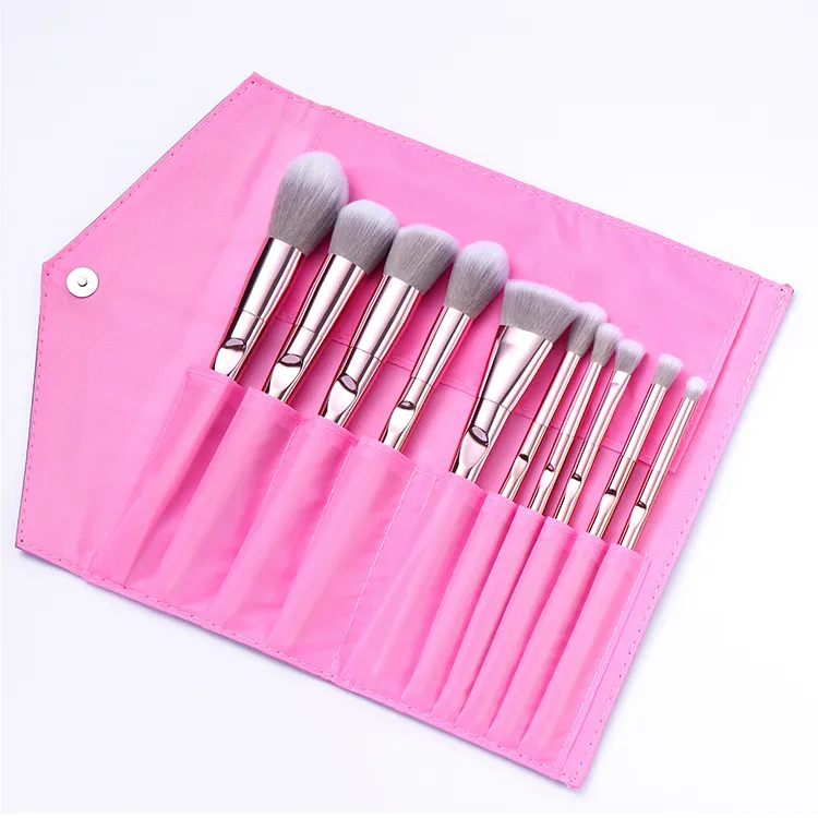 10PCS Conjunto de Pincéis de Maquiagem para Olhos, Base, Mistura, Pó Facial, Contorno, Blush e Lábios em Cabelo Sintético Rosa