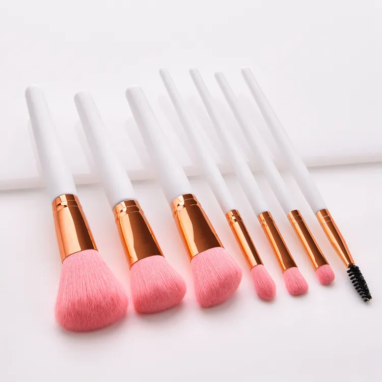 7PCS Conjunto de Pincéis de Maquiagem Premium Sintético Rosa Dourado Pincéis para Base, Corretivo, Olhos e Rosto