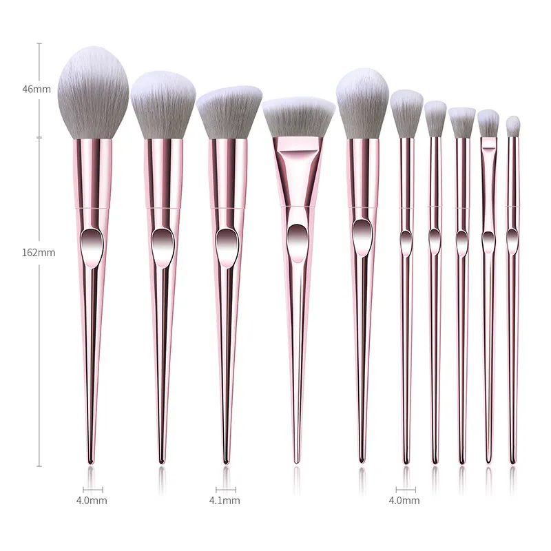 10PCS Conjunto de Pincéis de Maquiagem para Olhos, Base, Mistura, Pó Facial, Contorno, Blush e Lábios em Cabelo Sintético Rosa