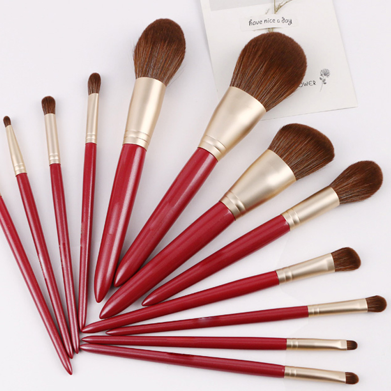 Conjunto de Pincéis de Maquiagem Vermelhos 12PC Acessórios Cosméticos Profissionais para Pó Facial, Blush, Corretivo, Contorno, Sombra de Olhos