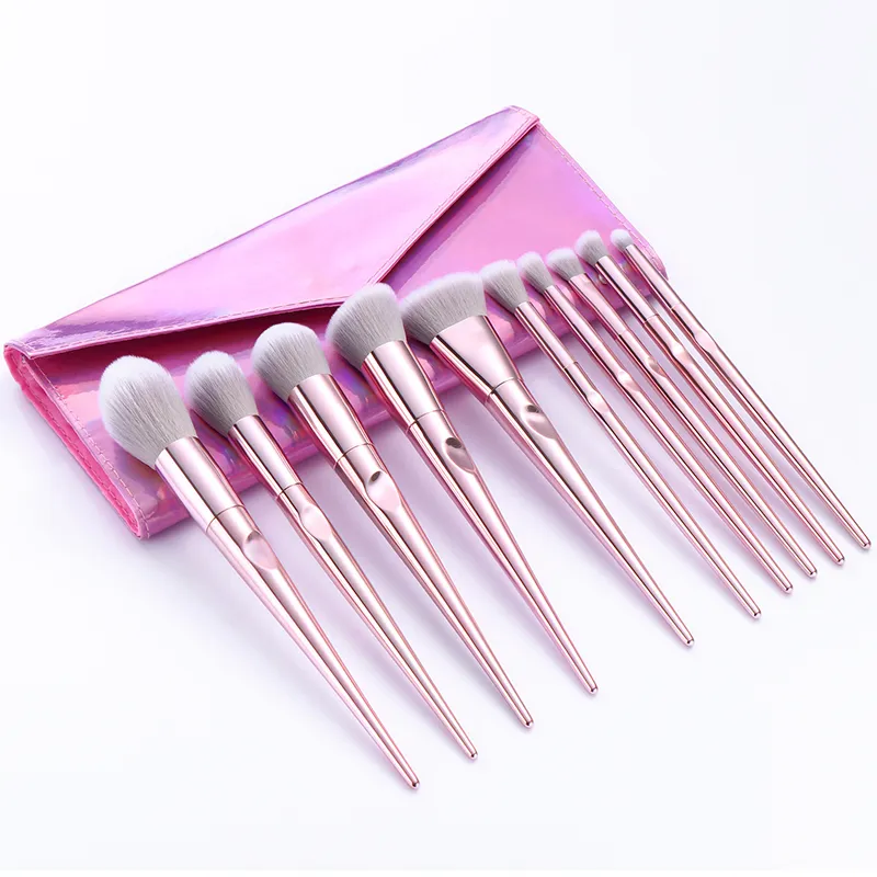 10PCS Conjunto de Pincéis de Maquiagem para Olhos, Base, Mistura, Pó Facial, Contorno, Blush e Lábios em Cabelo Sintético Rosa