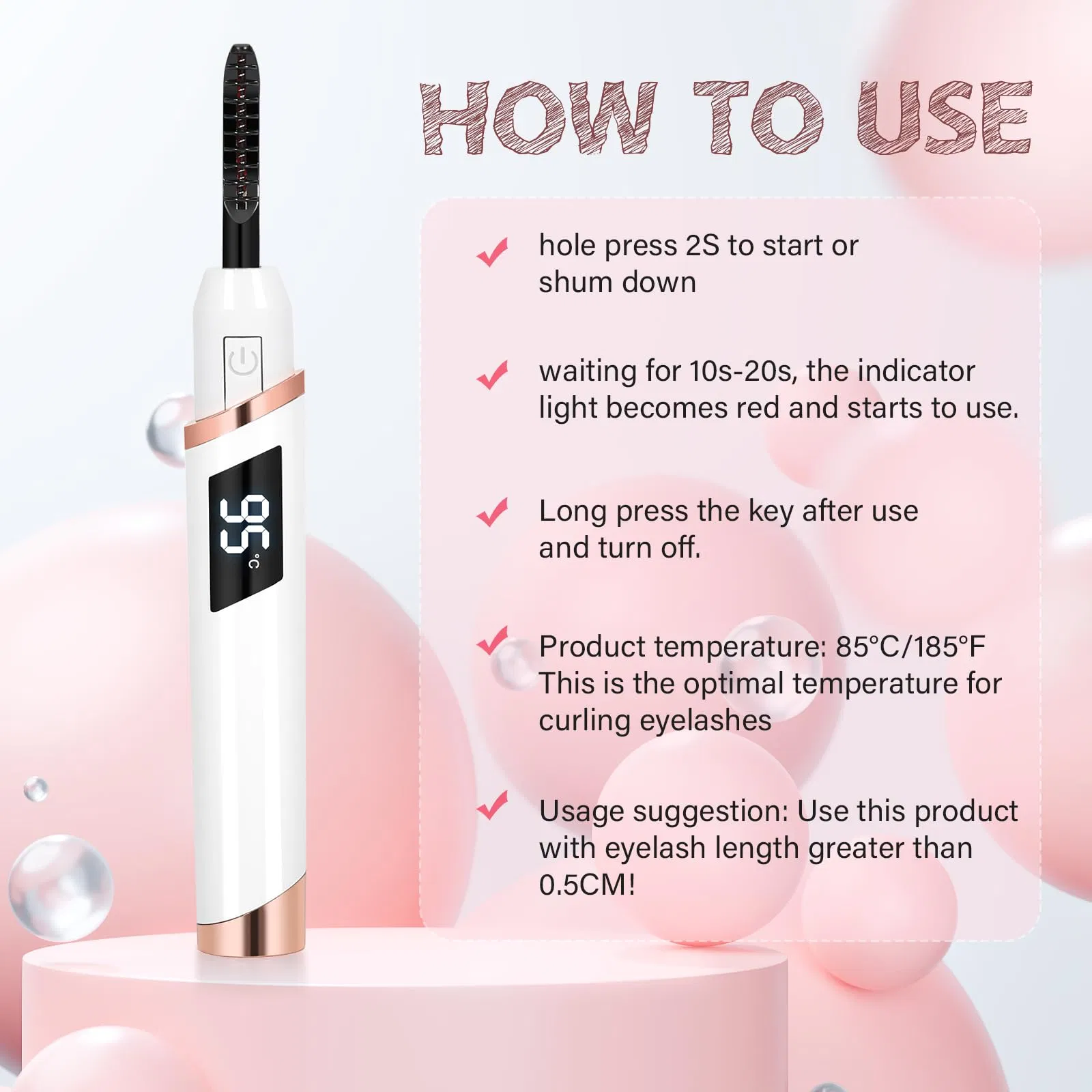 Curlador de Cílios Elétrico Aquecido Recarregável por USB-C com Aquecimento Rápido e Temperatura Ajustável