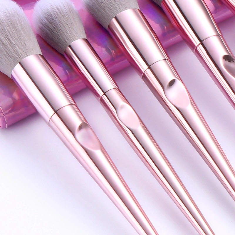 10PCS Conjunto de Pincéis de Maquiagem para Olhos, Base, Mistura, Pó Facial, Contorno, Blush e Lábios em Cabelo Sintético Rosa