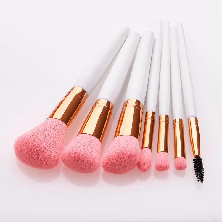 7PCS Conjunto de Pincéis de Maquiagem Premium Sintético Rosa Dourado Pincéis para Base, Corretivo, Olhos e Rosto