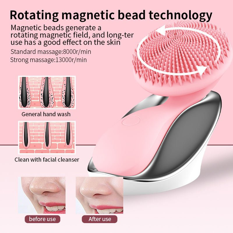 Electric Rechargeable Waterproof Ipx7 Silicone Facial Cleansing Brush with Magnetic Charging Base for Deep Cleaning