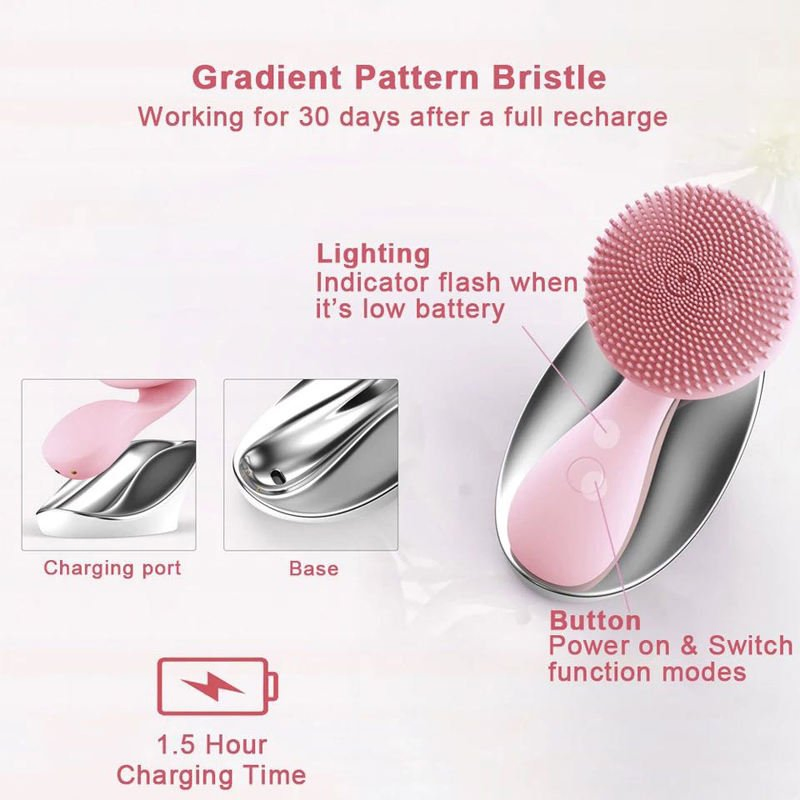 Electric Rechargeable Waterproof Ipx7 Silicone Facial Cleansing Brush with Magnetic Charging Base for Deep Cleaning