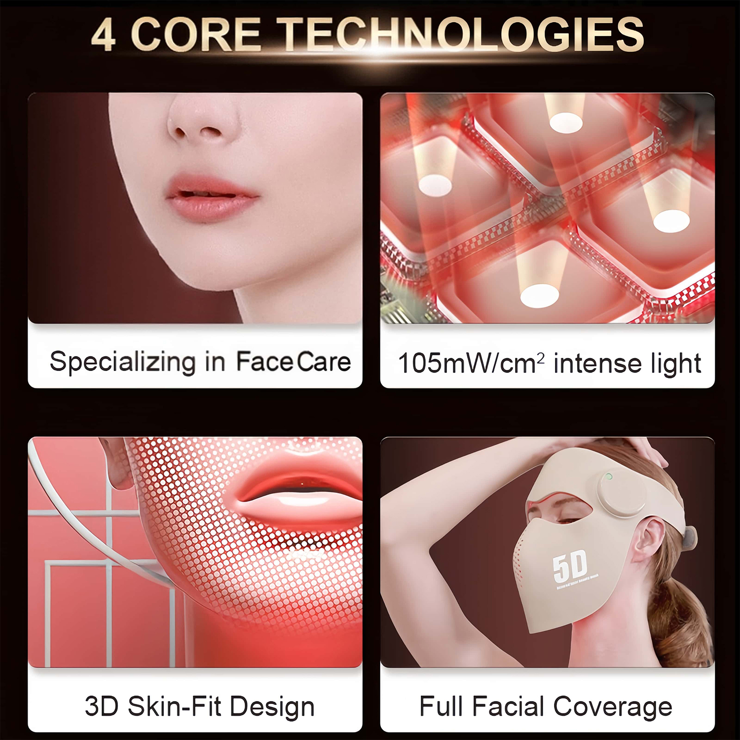 Portable 105mw Soft Silicone LED Laser Face Mask Handheld EU/US Plug 460 660 850 1064nm Red Light Skin Care 1440mAh Battery
