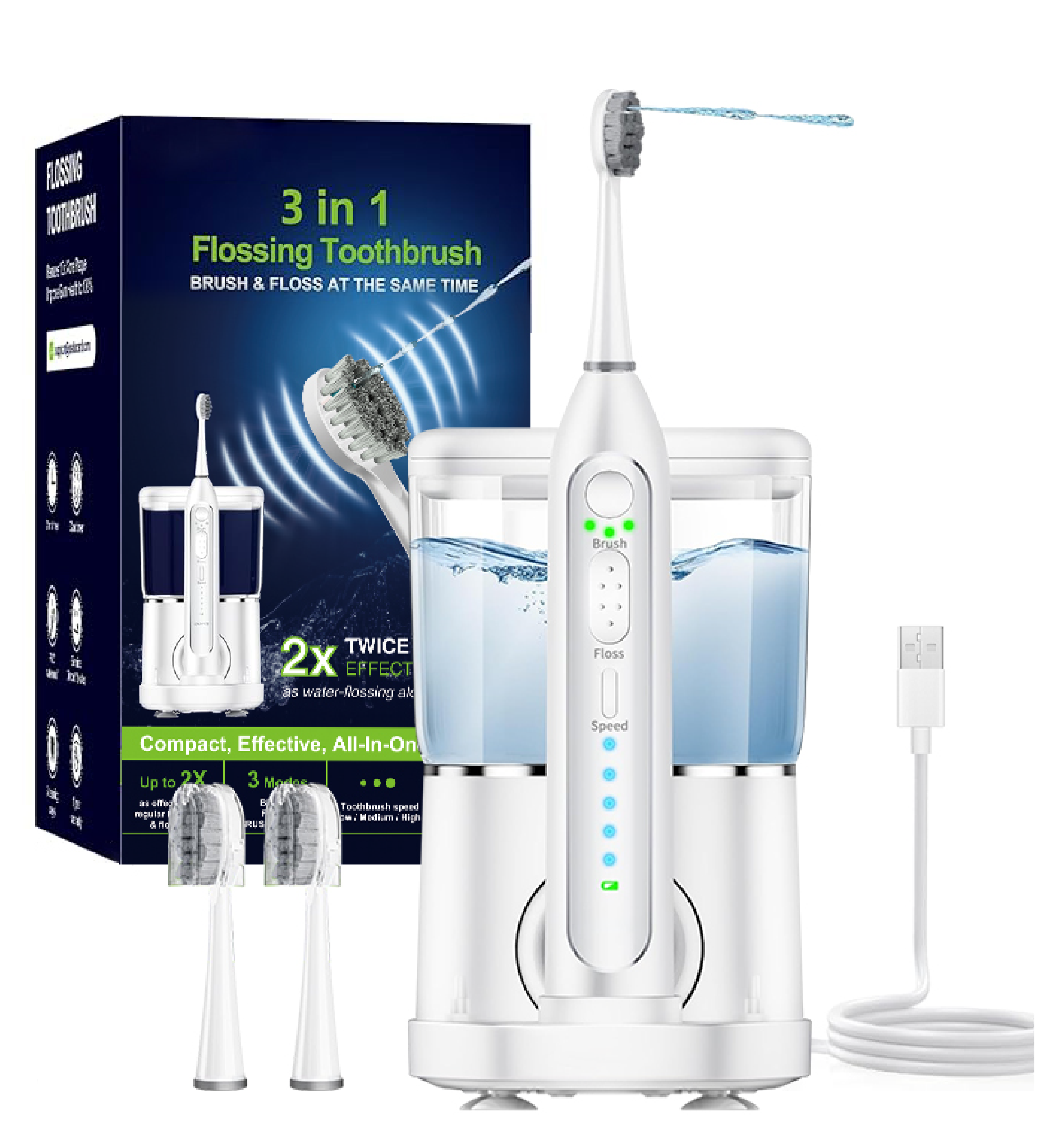 3 in 1 Ultrasonic Toothbrush &amp; Oral Irrigator Tooth Cleaner with 3 Working Modes: Brushing &amp; Flossing &amp; Both IPX7 Waterproof