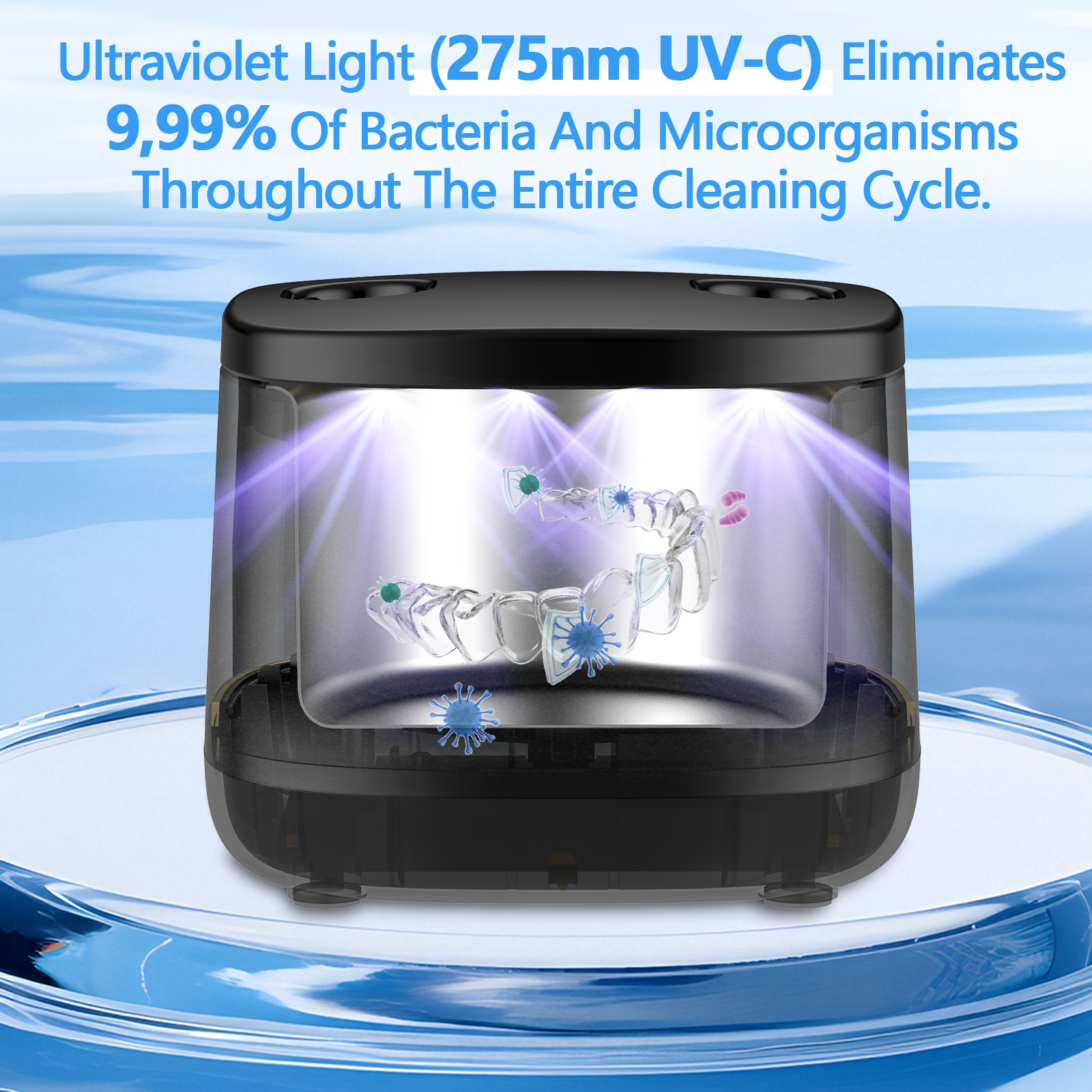 Mini Ultrasonic Transducer Cleaner Aligner Portable Black Ultrasonic Denture Cleaner With UV Function