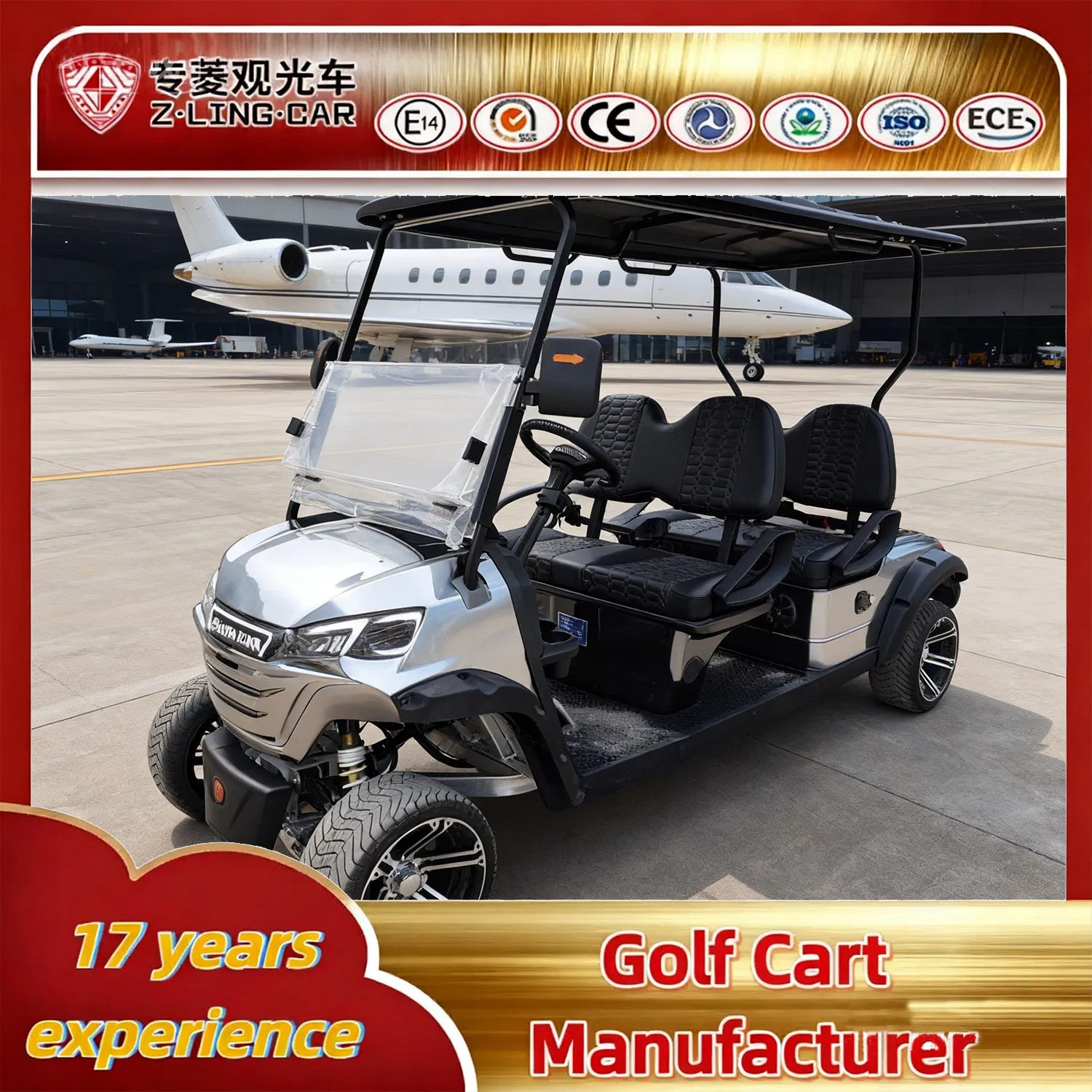 Zlingcar 4 Seat Electric Golf Cart Hotel Guest Pickup Service Sunshade Roof Comfortable Seating