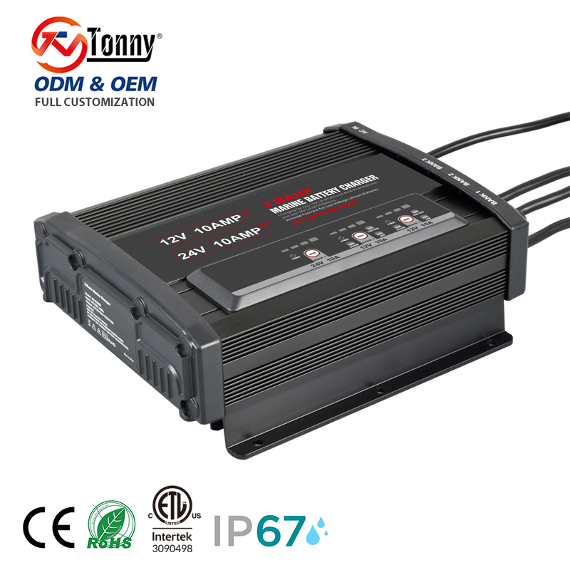 3 Bank Marine Battery Charger 12V/24V 10A IP67 Waterproof for Lead Acid, Lithium, LiFePO4 Batteries - Boat, Truck, Golf Cart Onboard Charger