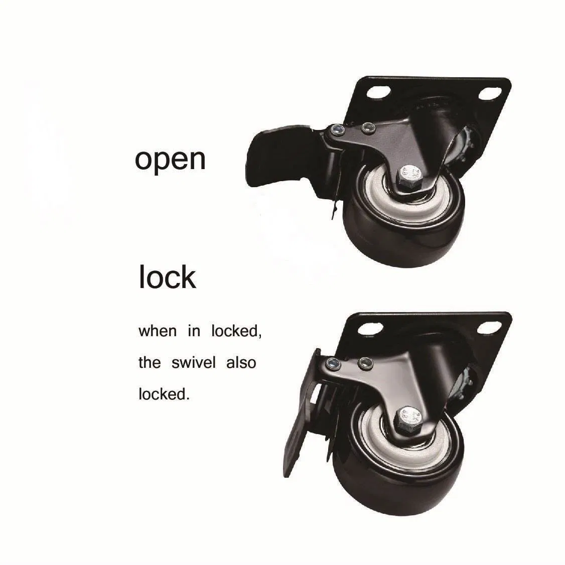 OEM 2-Inch Black Light-Duty Caster, Swivel Brake PU Furniture Wheel, Double Bearing Diamond Caster