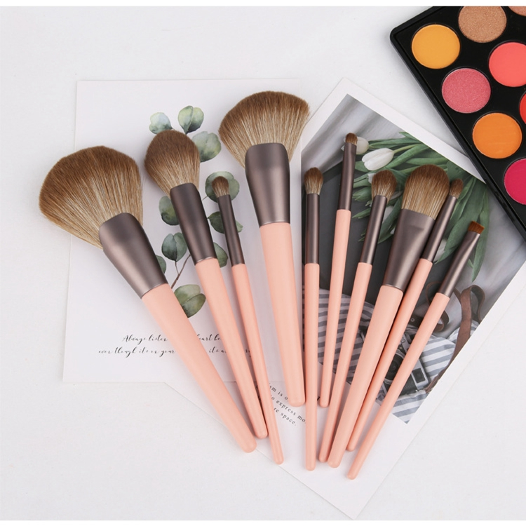 10PCS Conjunto de Pincéis de Maquiagem Personalizados em Rayon Ultrafino com Cabo de Madeira Rosa Vegano
