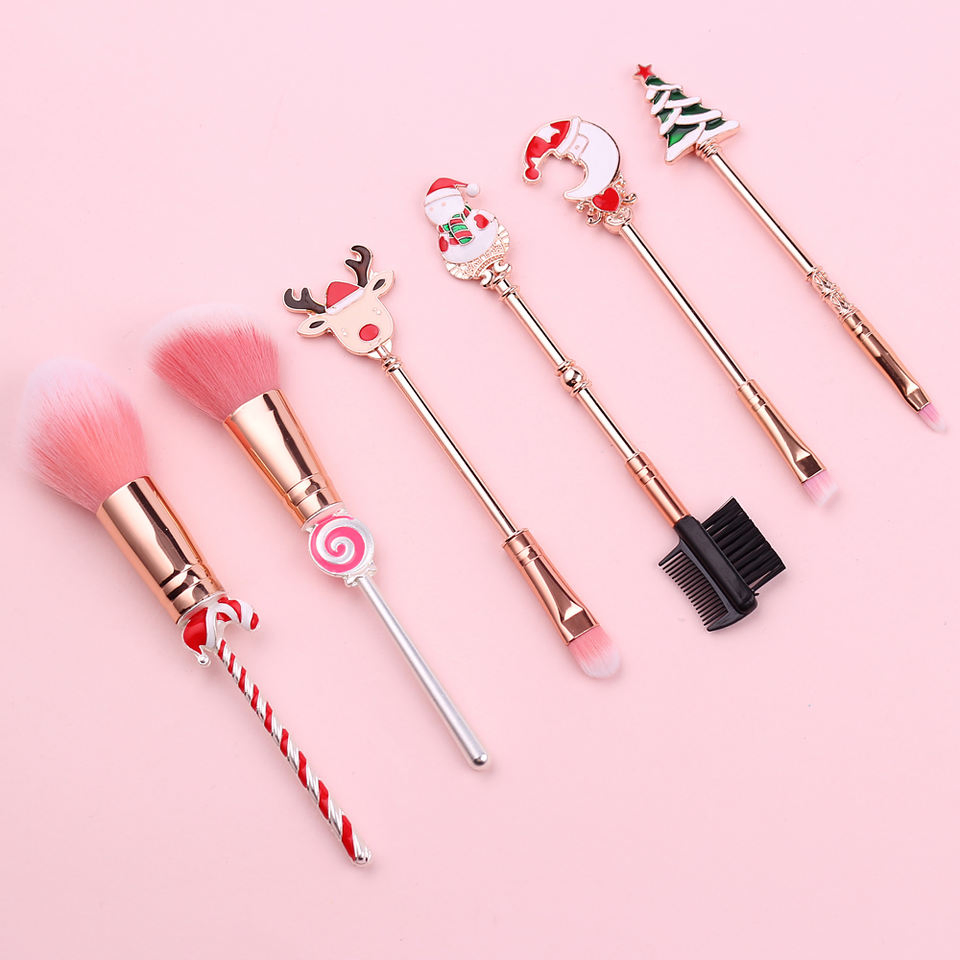Conjunto de Pincéis de Maquiagem de Natal 6 PCS Design Festivo Dourado Livre de Crueldade Sintético Multifuncional para o Rosto e Olhos Caixa de Presente