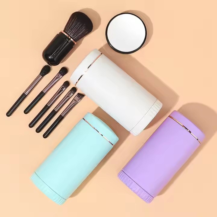 Conjunto de Pincéis de Maquiagem Portátil para Viagem 6PCS Mini Pincéis de Sombra Completo com Espelho e Suporte