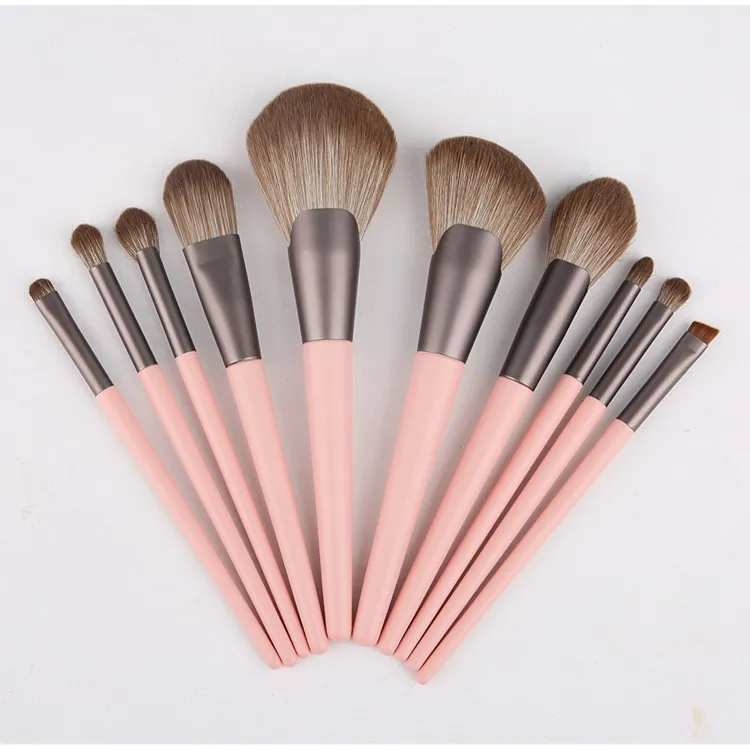10PCS Conjunto de Pincéis de Maquiagem Personalizados em Rayon Ultrafino com Cabo de Madeira Rosa Vegano