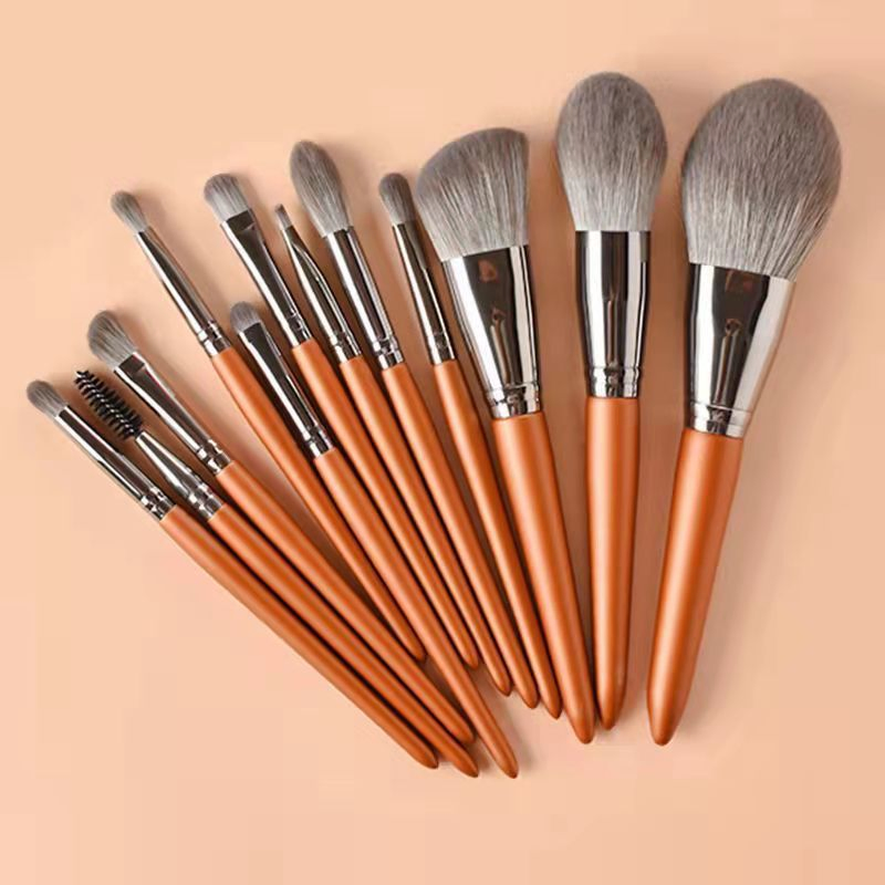 Conjunto de Pincéis de Maquiagem Beautichen 12PCS Laranja e Cinza – Cerdas Sintéticas Macias com Ferrule Prateado – Pincéis Cosméticos Profissionais para Base, Pó