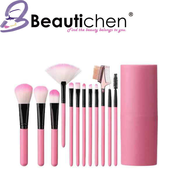 Beautichen 12 PCS Conjunto de Pincéis de Maquiagem Sintéticos Personalizados em Rosa com Logo Personalizado, Conjunto de Pincéis de Maquiagem Pequeno Fosco para Viagem com Bolsa