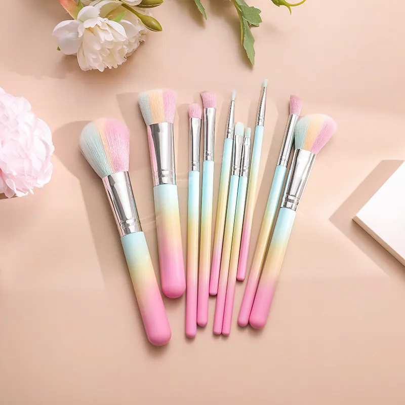 Pincéis de Maquiagem Coloridos Marca Privada 10PCS Pincéis de Maquiagem Cosméticos Personalizados Arco-Íris com Suporte