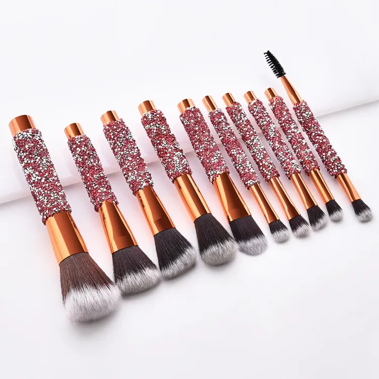 10PCS Conjunto de Pincéis Profissionais Personalizado com Cabo de Cristal Pincéis de Maquiagem para Rosto, Base e Olhos com Cerdas Pretas