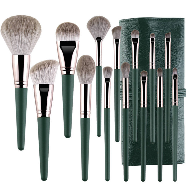 Conjunto de Pincéis de Maquiagem Verde de Alta Qualidade Profissional com Etiqueta Privada de Pincéis Sintéticos 14 com Bolsa Cintura