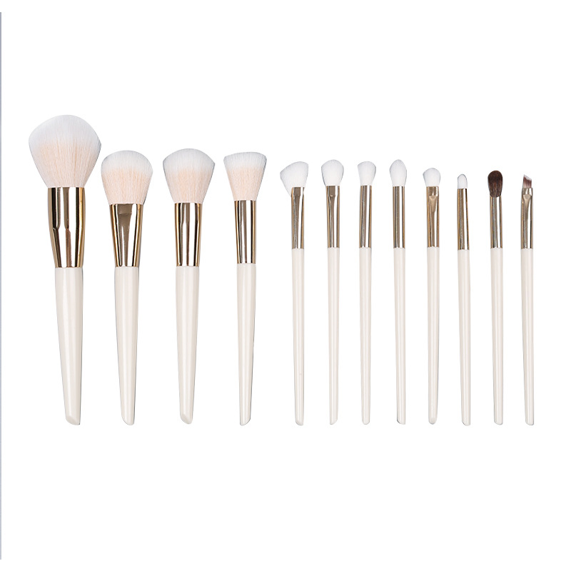 Conjunto de Pincéis de Maquiagem Beautichen 12PCS Branco com Ferrule Dourado - Conjunto Completo de Pincéis para Pó Solto e Blush para Iniciantes, Venda Direta de Fábrica