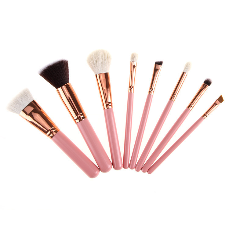 Conjunto de Pincéis de Maquiagem Beautichen 8PCS Rosa e Madeira - Conjunto Completo de Ferramentas Cosméticas para Pó, Corretivo, Sombras
