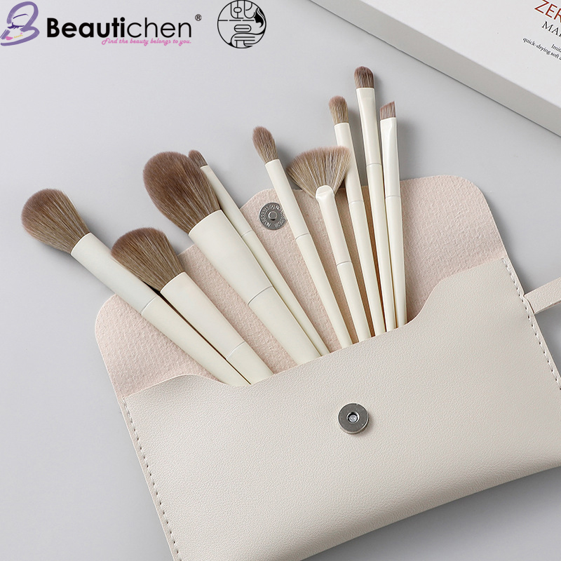 Conjunto de Pincéis de Maquiagem Plush White Zero Series Beautichen 10PCS - Kit Completo para Pó Solto, Blush, Sombras e Iluminador