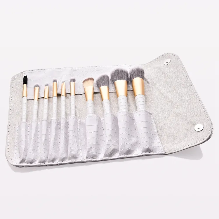 10PCS Conjunto de Pincéis de Maquiagem Personalizados Brancos de Madeira com Bolsa de Cosméticos PU Opcional