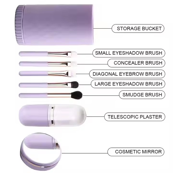 Conjunto de Pincéis de Maquiagem Portátil para Viagem 6PCS Mini Pincéis de Sombra Completo com Espelho e Suporte