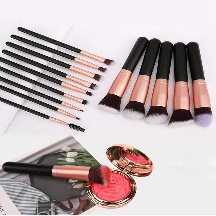 Venda Quente da Amazon 14 Pincéis de Maquiagem Naturais Veganos Foscos em Ouro Rosa Conjunto de Pincéis de Beleza para Base