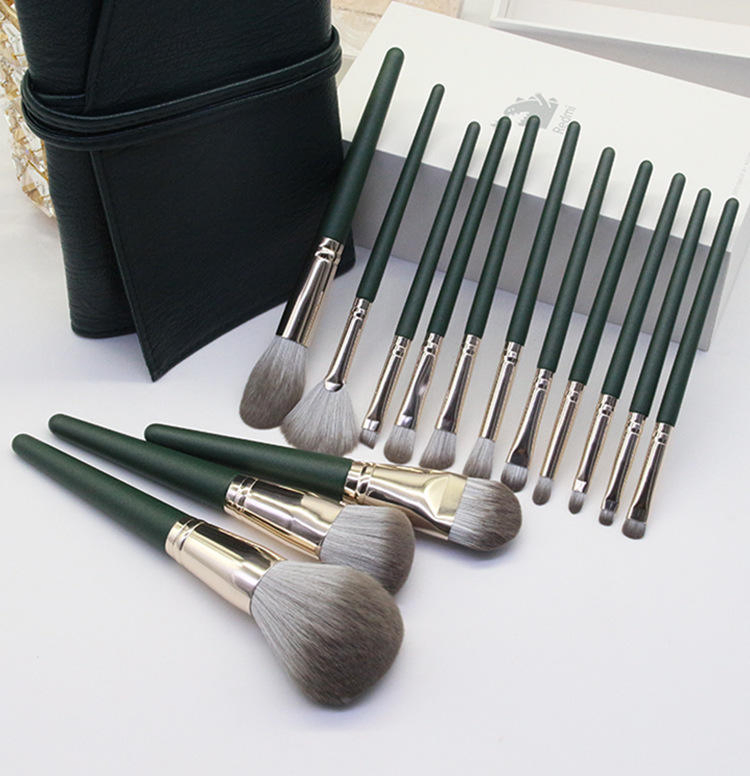Conjunto de Pincéis de Maquiagem Verde de Alta Qualidade Profissional com Etiqueta Privada de Pincéis Sintéticos 14 com Bolsa Cintura