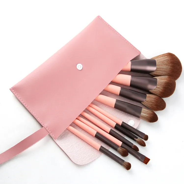 10PCS Conjunto de Pincéis de Maquiagem Personalizados em Rayon Ultrafino com Cabo de Madeira Rosa Vegano