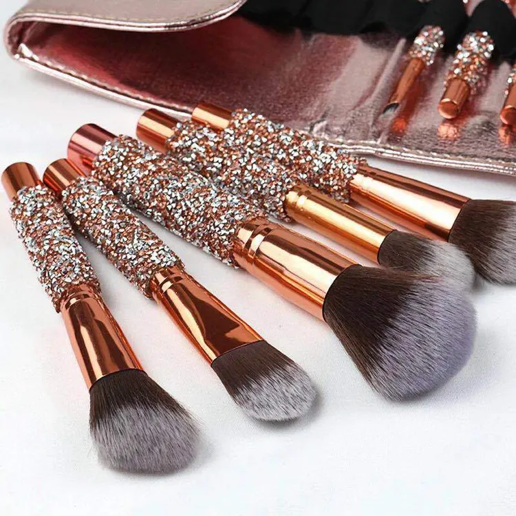 10PCS Conjunto de Pincéis Profissionais Personalizado com Cabo de Cristal Pincéis de Maquiagem para Rosto, Base e Olhos com Cerdas Pretas