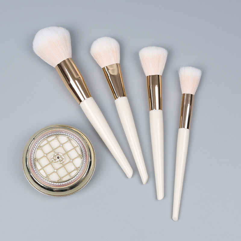 Conjunto de Pincéis de Maquiagem Beautichen 12PCS Branco com Ferrule Dourado - Conjunto Completo de Pincéis para Pó Solto e Blush para Iniciantes, Venda Direta de Fábrica