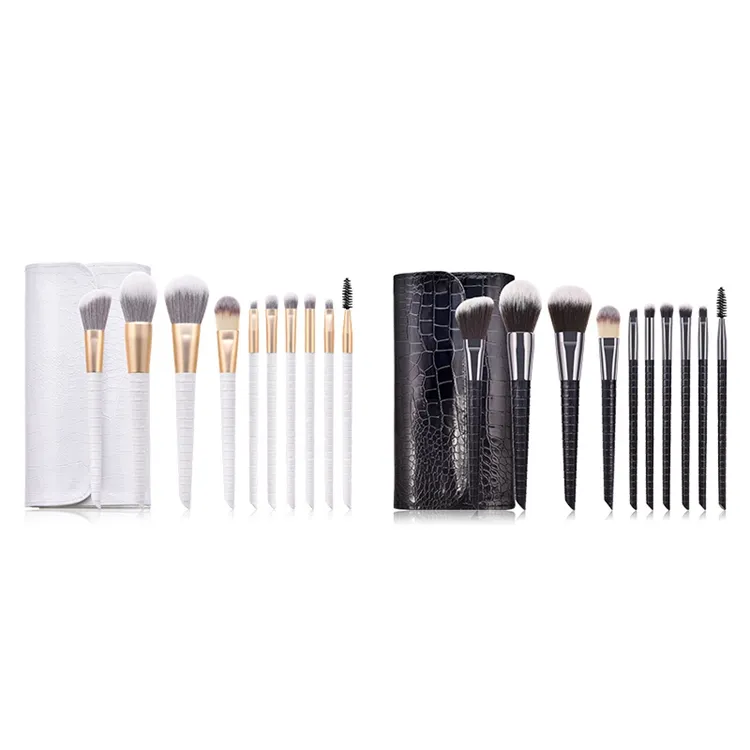 10PCS Conjunto de Pincéis de Maquiagem Personalizados Brancos de Madeira com Bolsa de Cosméticos PU Opcional