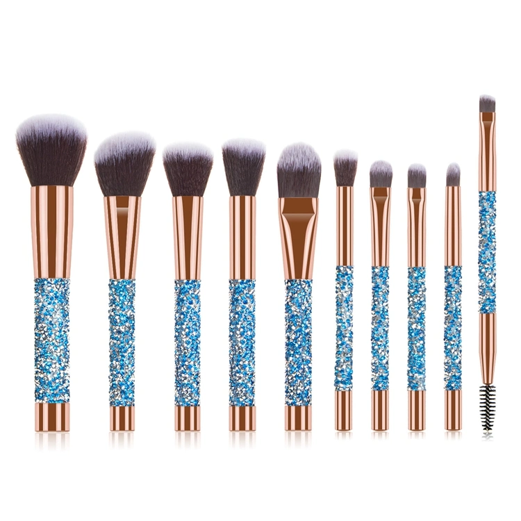 10PCS Conjunto de Pincéis Profissionais Personalizado com Cabo de Cristal Pincéis de Maquiagem para Rosto, Base e Olhos com Cerdas Pretas