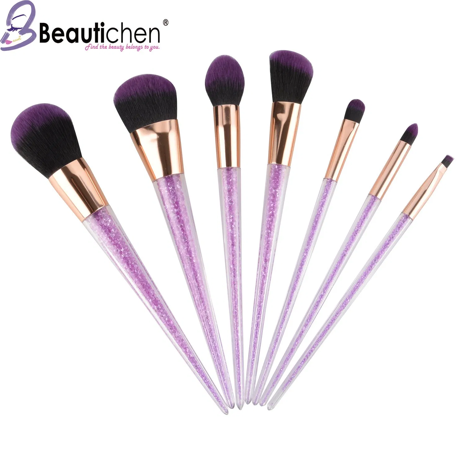 Conjunto de Pincéis de Maquiagem com Cabo de Cristal Personalizado Beautichen Fashionável 7 PCS Pincéis de Maquiagem com Glitter Roxo