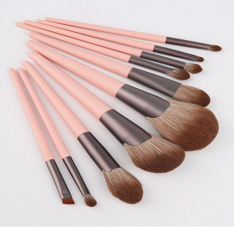 10PCS Conjunto de Pincéis de Maquiagem Personalizados em Rayon Ultrafino com Cabo de Madeira Rosa Vegano