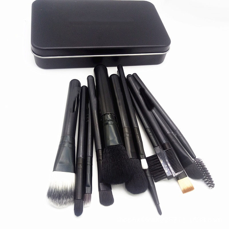Novo 12-Piece Conjunto de Pincéis de Maquiagem em uma Caixa de Metal com Pincéis de Blush, Sombras e Base com Cabos de Plástico