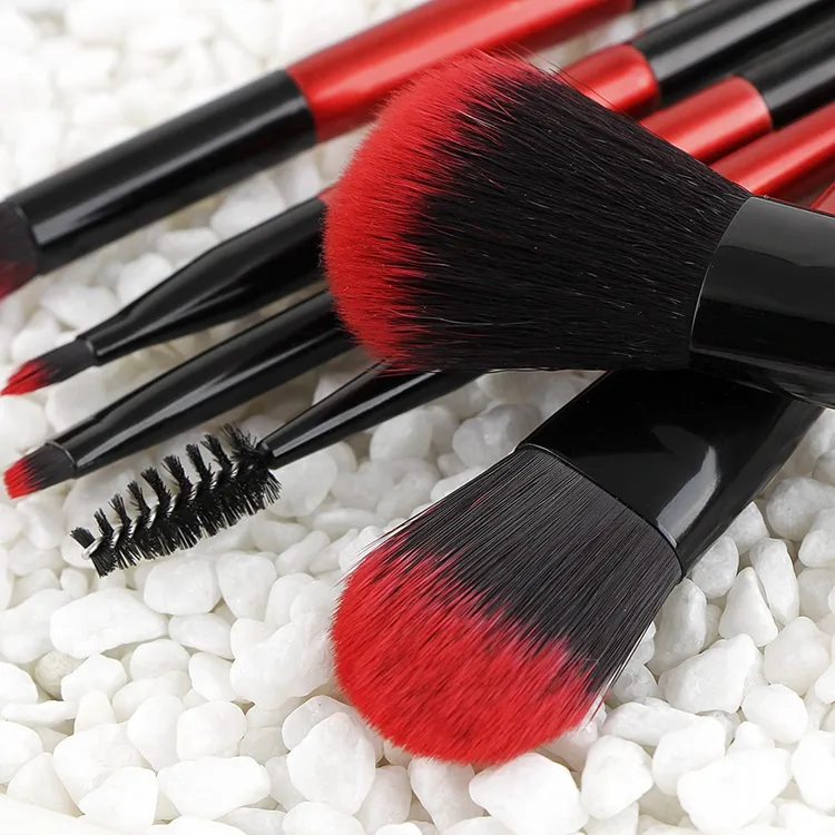 Pincéis de Maquiagem de Alta Qualidade 6PCS com Cabo Rosa Vermelho e Cerdas Sintéticas Veganas Ferrule Prata Personalização de Logo de Alta Qualidade