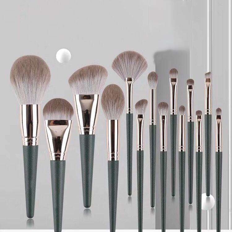 Conjunto de Pincéis de Maquiagem Profissional Beautichen 14-Piece - Cabo de Madeira Verde com Cerdas Sintéticas e Estojo de Armazenamento Correspondente