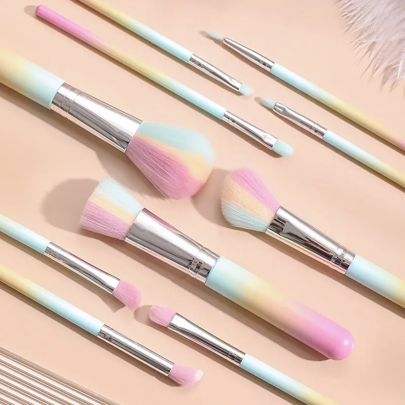 Pincéis de Maquiagem Coloridos Marca Privada 10PCS Pincéis de Maquiagem Cosméticos Personalizados Arco-Íris com Suporte