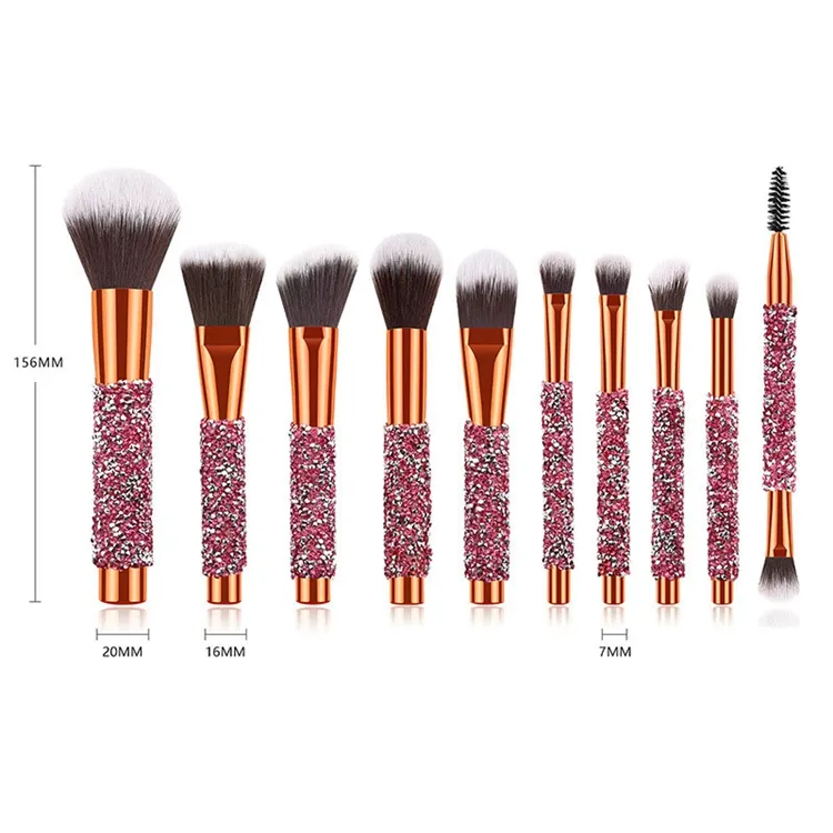 10PCS Conjunto de Pincéis Profissionais Personalizado com Cabo de Cristal Pincéis de Maquiagem para Rosto, Base e Olhos com Cerdas Pretas