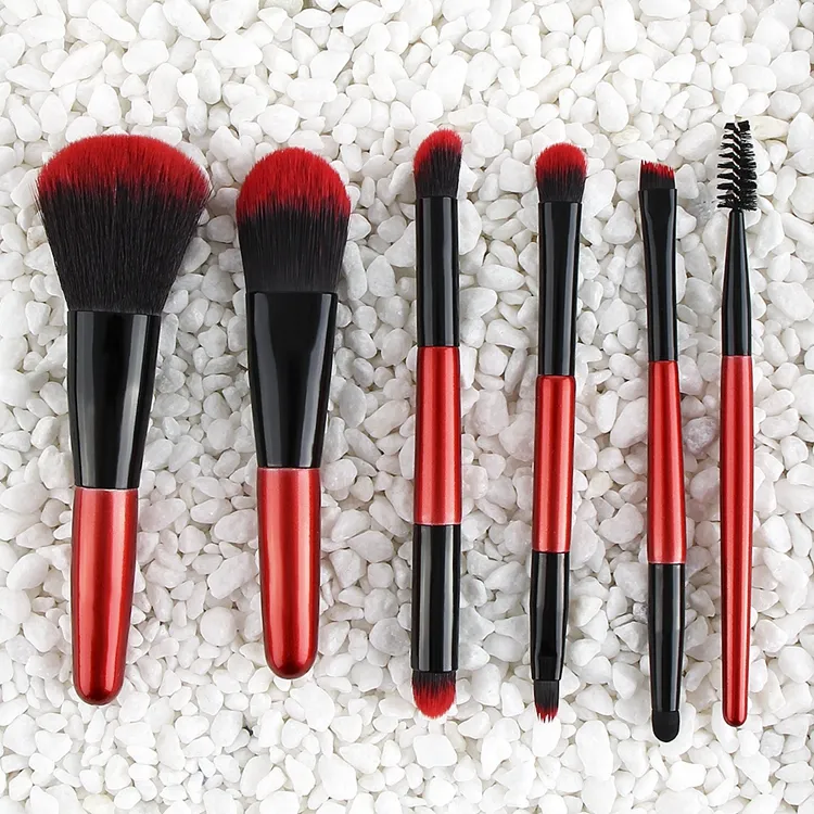Pincéis de Maquiagem de Alta Qualidade 6PCS com Cabo Rosa Vermelho e Cerdas Sintéticas Veganas Ferrule Prata Personalização de Logo de Alta Qualidade
